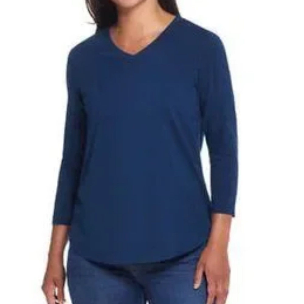 WEATHERPROOF Vintage Dark Blue 3/4 Sleeve V-Neck Top cotton lend size large